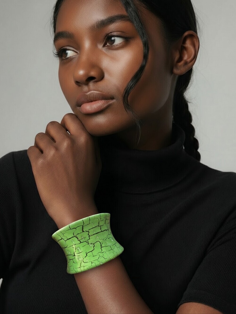 Rare Vintage Retro Wood Lime Green Black Crackle Design Oversized Cuff Bangle